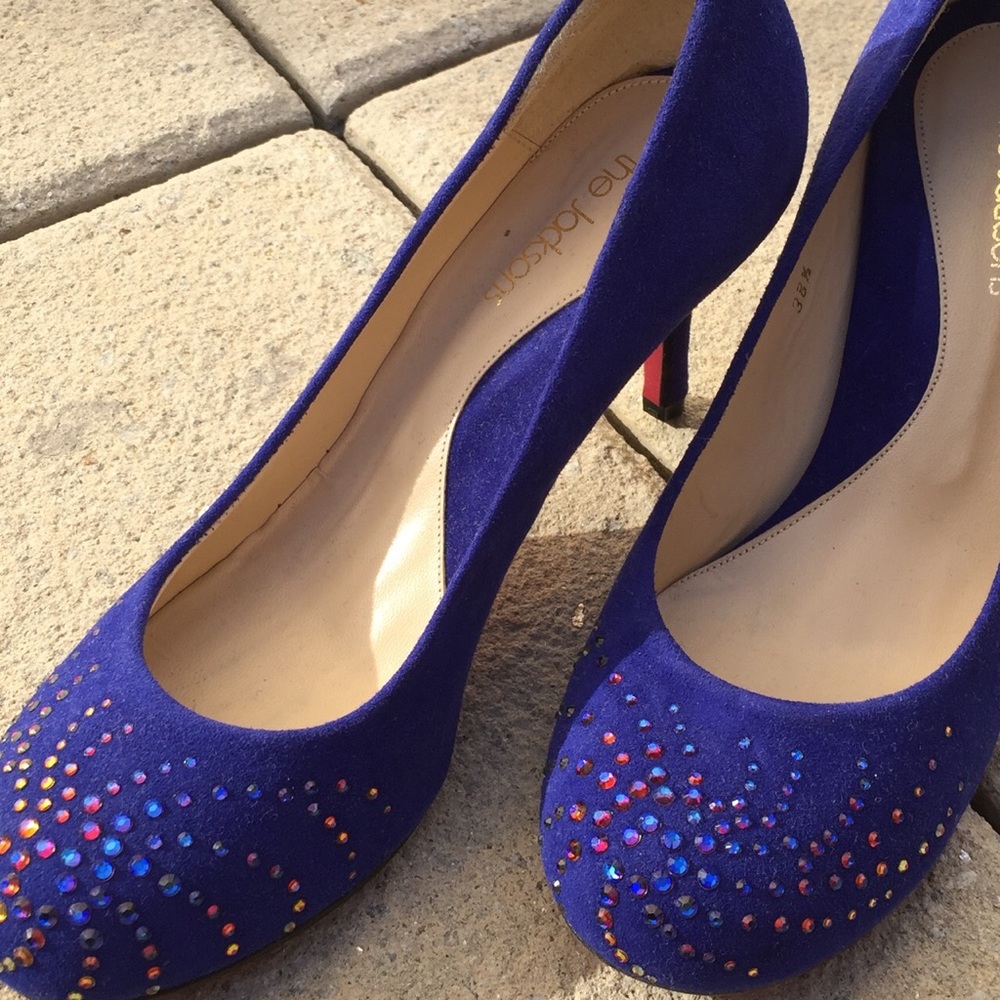 Blue suede shoes with swarovski crystals